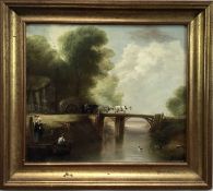 19th century English School oil on board - wagon crossing a bridge, 35cm x 31cm in gilt frame