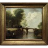 19th century English School oil on board - wagon crossing a bridge, 35cm x 31cm in gilt frame