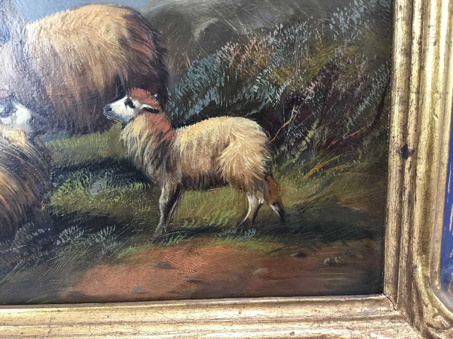 Manner of John W. Morris oil on board - sheep in a mountainous river landscape, 24cm x 30cm - Image 2 of 8