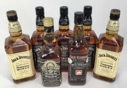 Seven bottles, Jack Daniel's Tennessee Whiskey (3), Jack Daniel's Tennessee Honey (2), Old Samuel Bl