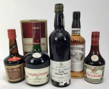 Five bottles - Taylor's 1972 port, Southern Comfort, Courvoisier and others