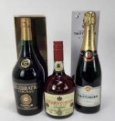 Three bottles - Taittinger champagne, boxed, bottle of Courvoisier, 70%, and bottle of Camus Celebra