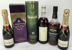 Six bottles - Moët & Chandon two half bottles, Courvoisier V.S.O.P, Glenfiddich 12 year old whisky,