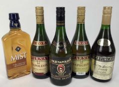 Five bottles - Napoleon Brandy, Martineau and a bottle of Canadian Mist