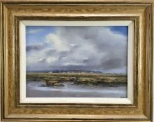 James Hewitt (b.1934) oil on canvas - 'Mersea Island across Old Hall Marsh, Mid-Afternoon', signed a