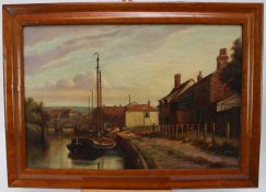19th century oil on canvas - moored barges, 40cm x 60cm, in maple veneered frame