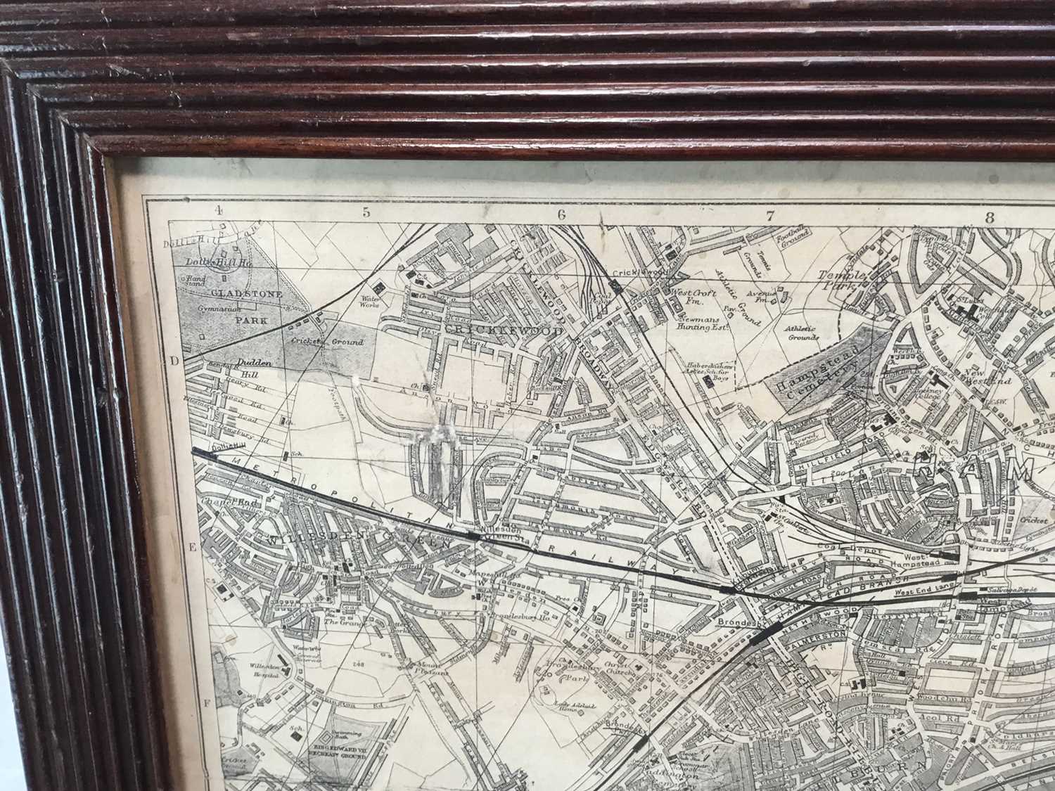 Bacons Map of Central London, pub. London, stuck down on paper, image 97cm x 73cm in glazed frame - Image 9 of 11