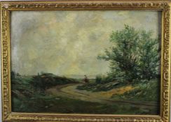 Edoude Lamment (late 19th century) oil on panel, figures on a path.