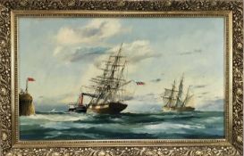 Peter Whittock, oil on canvas - A ship and tug at harbour entrance, signed, 45cm x 75cm, framed