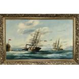 Peter Whittock, oil on canvas - A ship and tug at harbour entrance, signed, 45cm x 75cm, framed