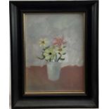 Peter McCarthy oil on paper - 'Mixed flowers in a vase', signed, 27cm x 36cm, in glazed black frame,