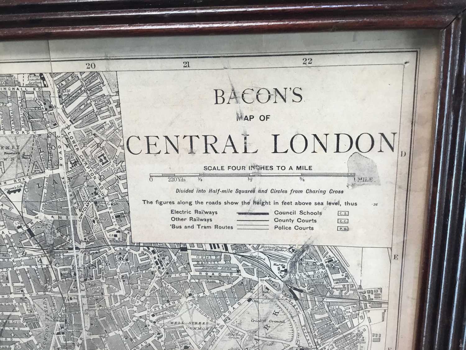 Bacons Map of Central London, pub. London, stuck down on paper, image 97cm x 73cm in glazed frame - Image 5 of 11