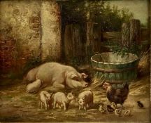 H.T. Hunt circa 1900, oil on canvas - A farmyard scene with piglets, 19cm x 25cm, framed