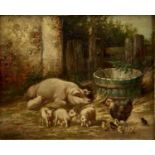 H.T. Hunt circa 1900, oil on canvas - A farmyard scene with piglets, 19cm x 25cm, framed