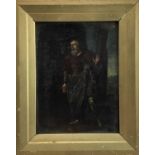 Antique oil on board - captive man in chains, 16cm x 21cm, framed (23.5cm x 29cm overall)