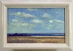James Hewitt (b. 1934) oil on board - 'The Blackwater Valley in August’, signed, 34cm x 21cm, framed