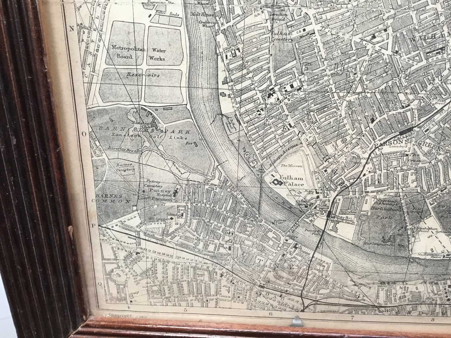 Bacons Map of Central London, pub. London, stuck down on paper, image 97cm x 73cm in glazed frame - Image 6 of 11