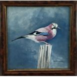 David Lawrence, oil on artist board - A magpie on a post, signed, 20cm x 20cm.