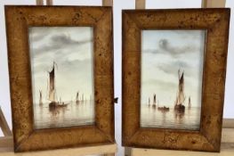 R. Cavallos, 20th century, pair of oils on board - shipping at anchor, signed, 19cm x 11cm, in maple