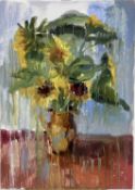Annelise Firth (b.1961) oil on canvas - 'Sunflowers through blue', signed and dated 2021 verso, 42cm