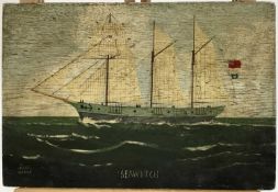 W Higgins, oil on oak panel- ‘Seawitch’, a three masted ship at sea, signed, 19cm x 29cm
