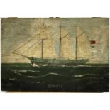 W Higgins, oil on oak panel- ‘Seawitch’, a three masted ship at sea, signed, 19cm x 29cm