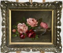 Carl Holger Fischer (1885 - 1955) oil on canvas - A still life of roses in a bowl, signed, 28cm x35c