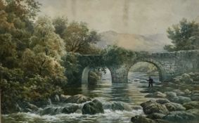 R. Harwood 19th century watercolour and another - fisherman in a pool by a bridge and cattle crossin