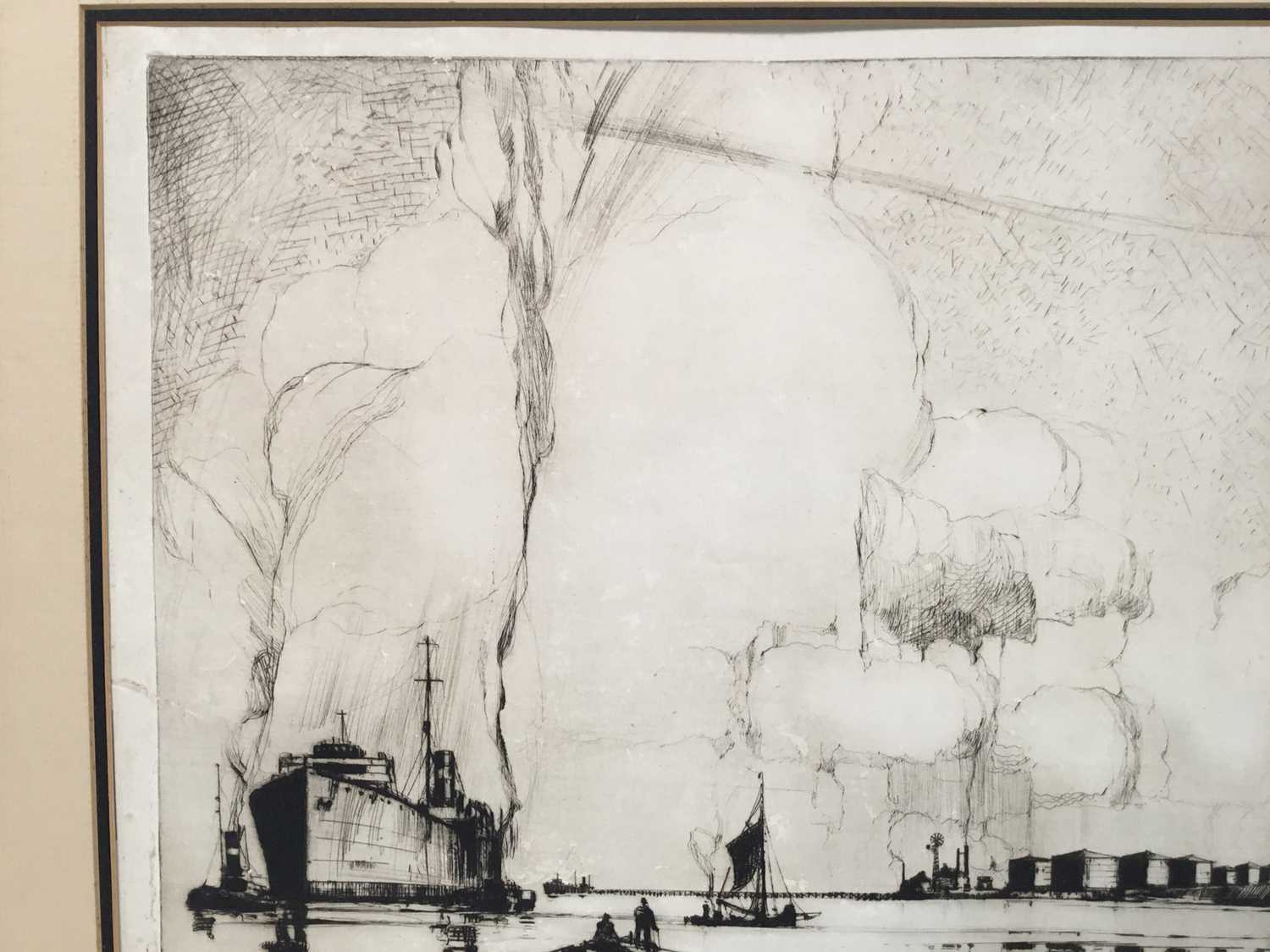 Frank Mason (1876-1965) signed black and white etching - shipping and other craft, 38cm x 45cm, moun - Image 3 of 8