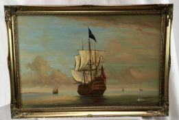 18th century style oil on canvas - shipping in calm waters, indistinctly signed, in gilt frame
