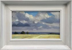 James Hewitt (b. 1934) oil on card - 'The Blackwater in Summer', signed, titled verso, 35cm x 20cm,
