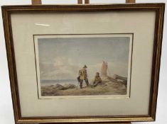 19th century watercolour, figures by the coast, Fry Gallery label verso