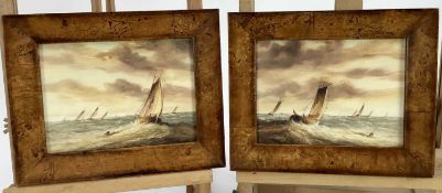 R. Cavallos, 20th century, pair of oils on board - shipping at sea, signed, 14cm x 19cm, in maple ve