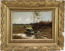 Manner of Willem II Steelink (1856-1928), oil on panel, sheep in a meadow, bearing signature, 22cm x