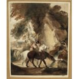 Follower of Thomas Gainsborough watercolour - farmer watering horses, inscription verso dated 1843