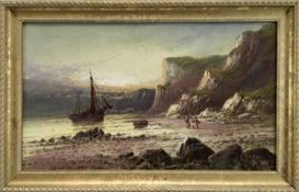 Frank Hider (1861 - 1933) oil on canvas- A seascape with fisherfolk and a moored vessel near cliffs