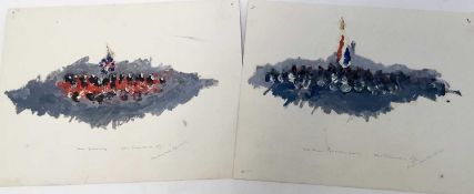 Pair of 1970s English School oil sketches on paper - Scots Guards and The French Imperial Guards, in