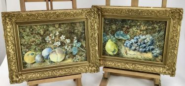 After Vincent Clare, pair of watercolours, still life fruit on a mossy bank, 21cm x 30.5cm, in glaze