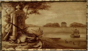 William Fielding, 20th century, sepia grisaille on board - An estuary view with hunting trophies, si