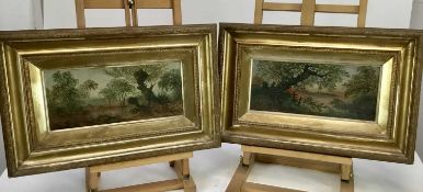 English School, late 19th century, pair oils on canvas board - Rural Landscapes, 14cm x 33cm, in gil