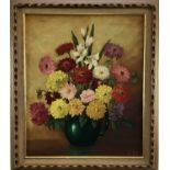 Magdalene Vahl Canadian school 20th century oil on canvas - 'Zinnias and Marigolds', 61cm x 52cm fra