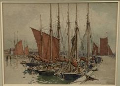 Watt Milne (?) 20th century fenland watercolour - harbour scene in glazed frame