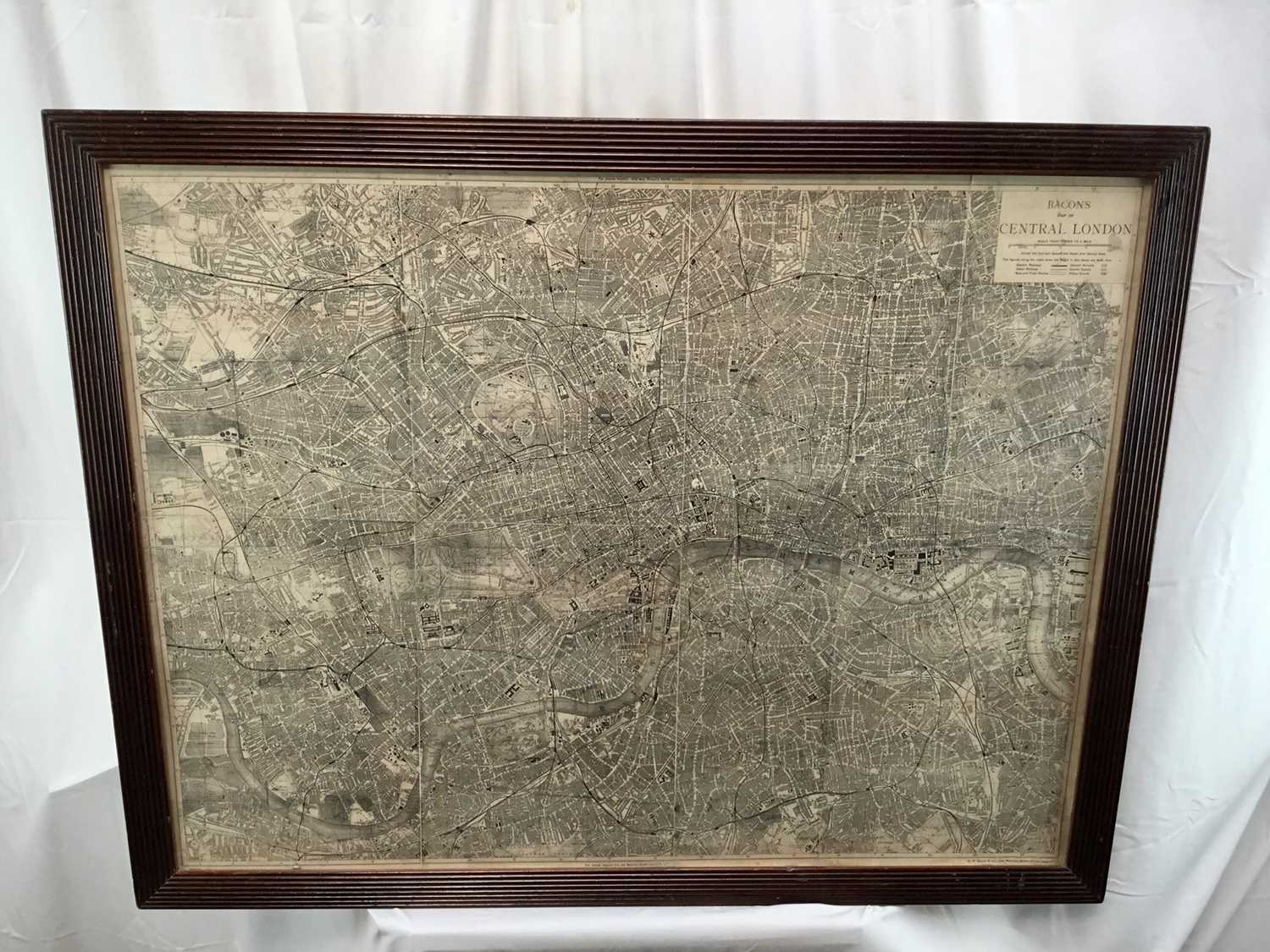 Bacons Map of Central London, pub. London, stuck down on paper, image 97cm x 73cm in glazed frame - Image 2 of 11