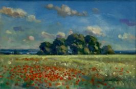 James Hewitt (b. 1934) oil on card - 'Poppies in a June Landscape' Great Braxted, signed, in glazed