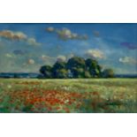 James Hewitt (b. 1934) oil on card - 'Poppies in a June Landscape' Great Braxted, signed, in glazed