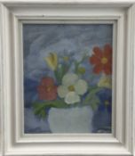 Peter McCarthy oil on card - 'Mixed flowers in a white vase I', signed, 22cm x 28cm, in glazed frame