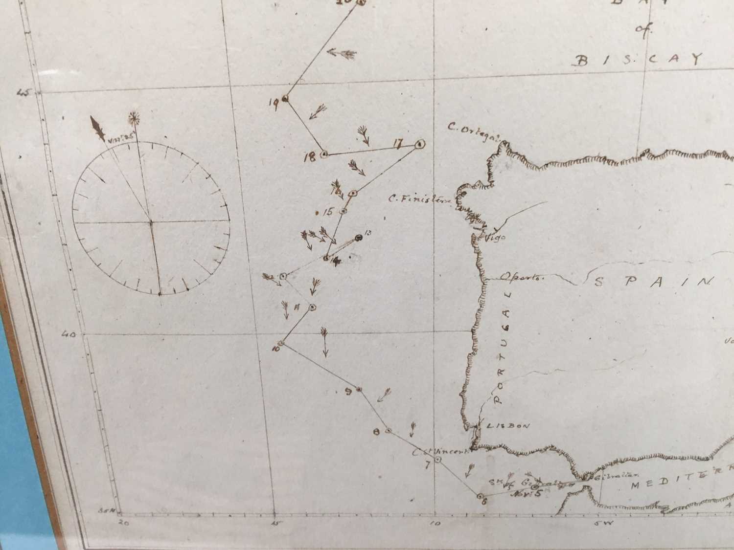 Lt. Robertson R.N., 1870s pen and ink map, 'Track of H.M.S. Undaunted from Gibraltar to Spithead', 2 - Image 3 of 7