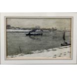 Early 20th century pencil and wash - steam tug on a river, indistinctly signed, 22cm x 14cm