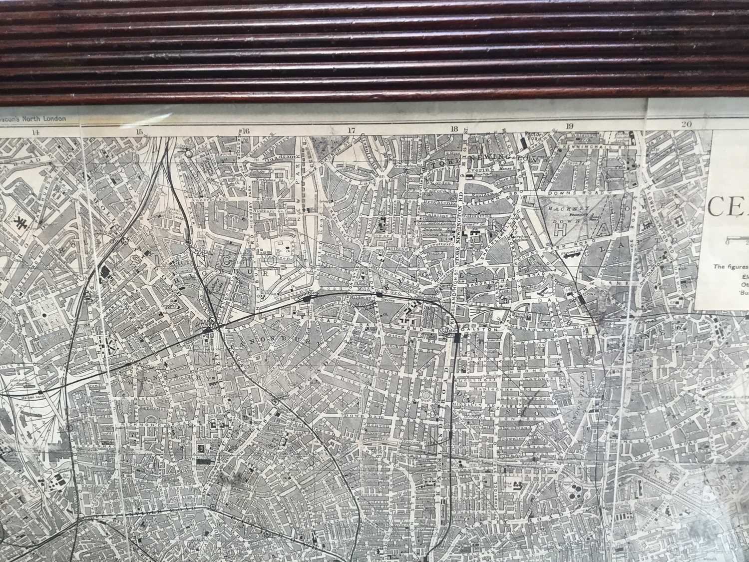 Bacons Map of Central London, pub. London, stuck down on paper, image 97cm x 73cm in glazed frame - Image 4 of 11