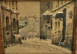 Tadeuz Radman (Polish) watercolour - street scene, signed, framed